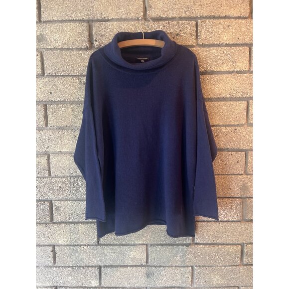 Eileen Fisher Venus Navy Blue Organic Cotton & Recycled Cashmere Turtleneck Knit - Picture 2 of 11